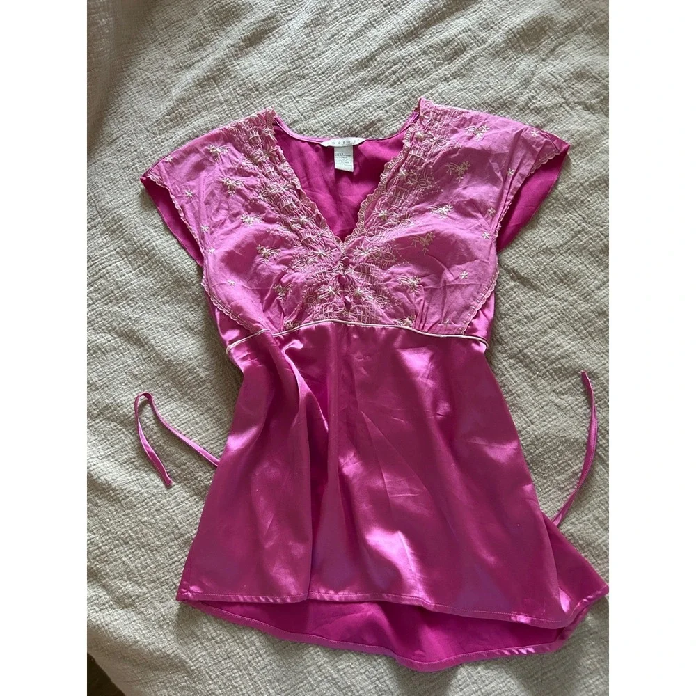 Vtg Tweeds Pink Embroidered Babydoll Cap Sleeve Tunic Tie Waist L Coquette Fairy - Picture 4 of 14